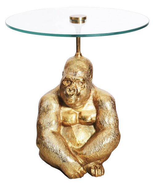 Estila Luxusný okrúhly príručný stolík Wilde v art-deco štýle s podstavou s figúrou gorily v zlatej farbe a sklenenou doskou 51 cm