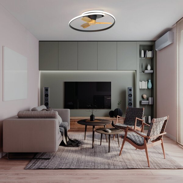 Stropný ventilátor s LED osvetlením Ocean čierny/drevený DC, tichý – Mantra Mantra Iluminación, Ocean, stmievateľné, Čierna, Obývacia izba, Plast, Moderný