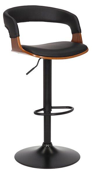 Estila Retro otočná barová stolička Norwich s nízkou opierkou a čiernym koženým čalúnením s hnedým dreveným detailom 50 cm