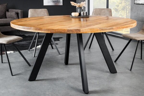 Estila Industriálny hnedý okrúhly jedálenský stôl Steele Craft z masívneho mangového dreva s čiernymi kovovými nožičkami 140 cm