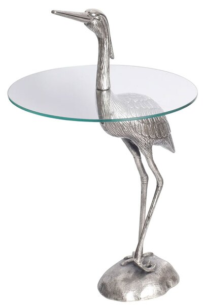 Estila Dizajnový okrúhly príručný stolík Ardea so skulpturálnou podstavou v tvare volavky v striebornej farbe 88 cm