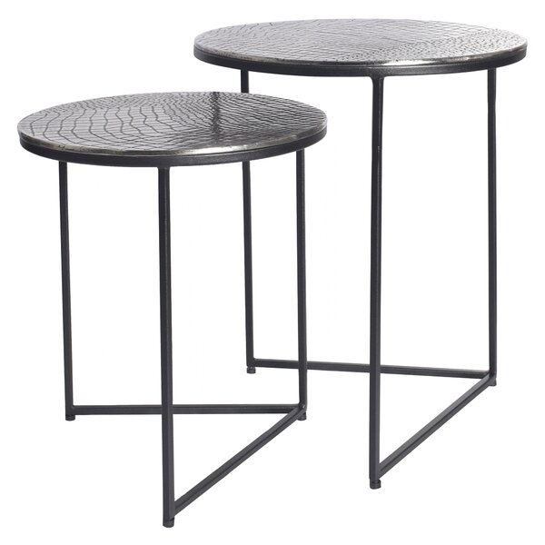 Estila Dizajnový set okrúhlych príručných stolíkov Gustave s ručným zdobením so vzorom krokodílej kože starožitná strieborná 49 cm