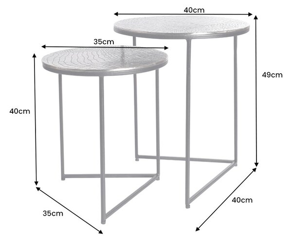 Estila Dizajnový set okrúhlych príručných stolíkov Gustave s ručným zdobením so vzorom krokodílej kože starožitná strieborná 49 cm