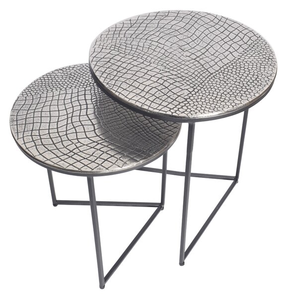 Estila Dizajnový set okrúhlych príručných stolíkov Gustave s ručným zdobením so vzorom krokodílej kože starožitná strieborná 49 cm