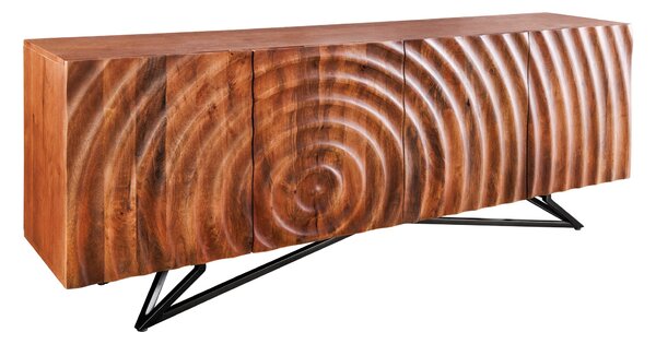 Estila Moderný štvordverový príborník Cumbria s reliéfnym zdobením z masívneho mangového dreva v medovej hnedej farbe 177 cm
