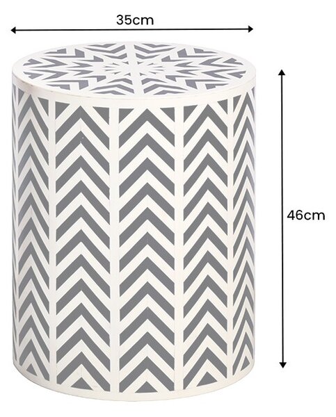 Estila Dizajnový okrúhly bielo čierny príručný stolík Bone Inlay s geometrickým vzorovaním s intarziou z kosti 46 cm