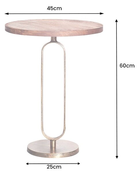 Estila Art deco okrúhly medený príručný stolík Zendy s drevenou doskou v glamour nádychu 60 cm