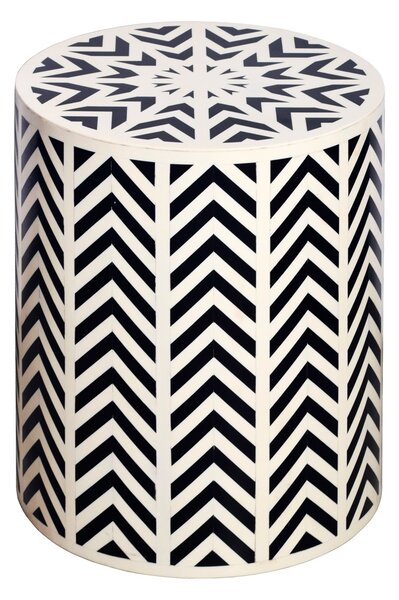 Estila Dizajnový okrúhly bielo čierny príručný stolík Bone Inlay s geometrickým vzorovaním s intarziou z kosti 46 cm