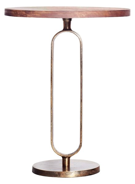 Estila Art deco okrúhly medený príručný stolík Zendy s drevenou doskou v glamour nádychu 60 cm