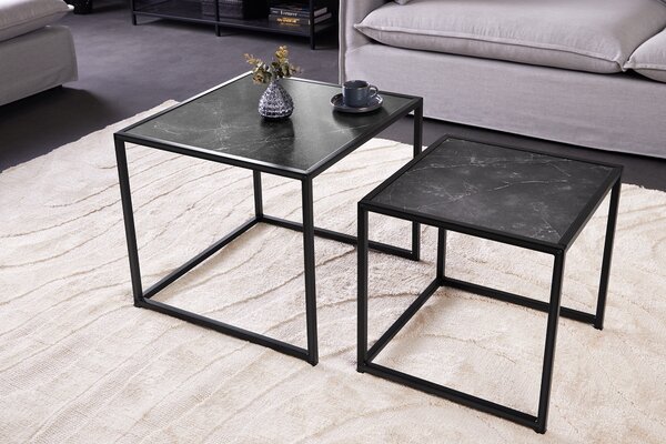 Estila Industriálny antracitový čierny set štvorcových konferenčných stolíkov Industria Marble s mramorovým dizajnom 45 cm