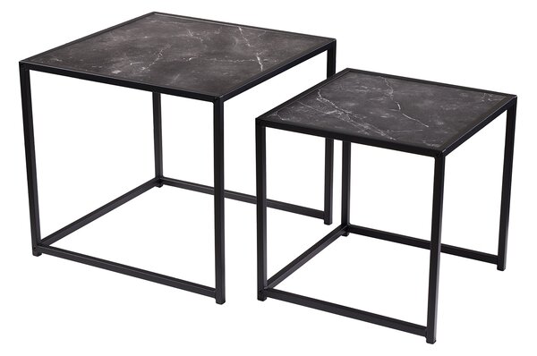 Estila Industriálny antracitový čierny set štvorcových konferenčných stolíkov Industria Marble s mramorovým dizajnom 45 cm