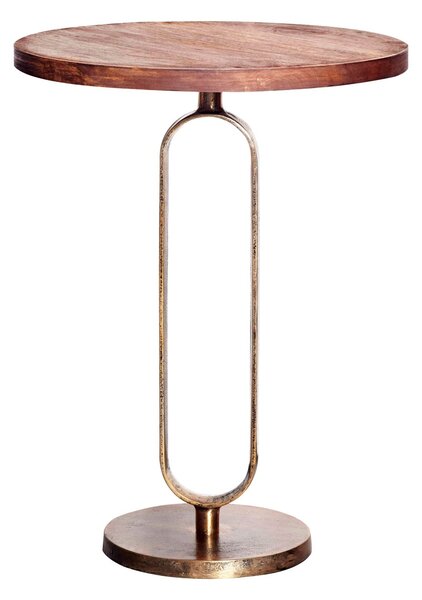 Estila Art deco okrúhly medený príručný stolík Zendy s drevenou doskou v glamour nádychu 60 cm