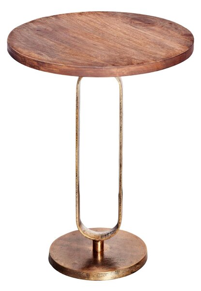 Estila Art deco okrúhly medený príručný stolík Zendy s drevenou doskou v glamour nádychu 60 cm