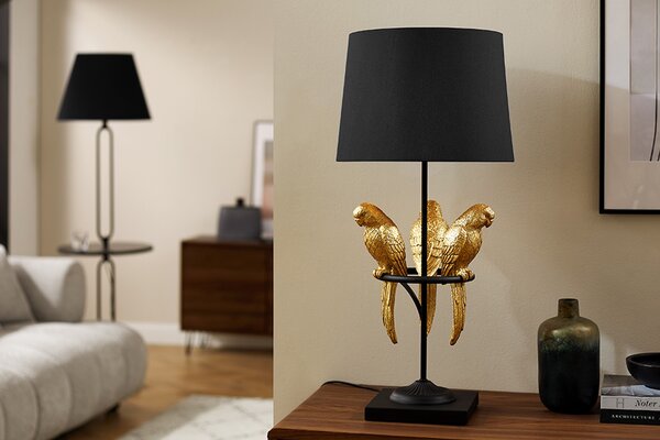 Estila Dizajnová čierna art deco stolná lampa Macaw s tromi figúrami papagájov v zlatej farbe 75 cm