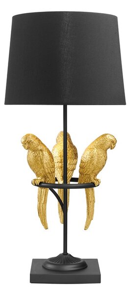Estila Dizajnová čierna art deco stolná lampa Macaw s tromi figúrami papagájov v zlatej farbe 75 cm