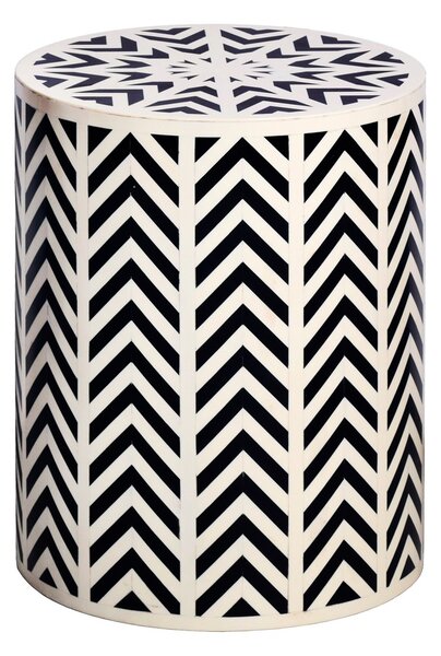 Estila Dizajnový okrúhly bielo čierny príručný stolík Bone Inlay s geometrickým vzorovaním s intarziou z kosti 46 cm