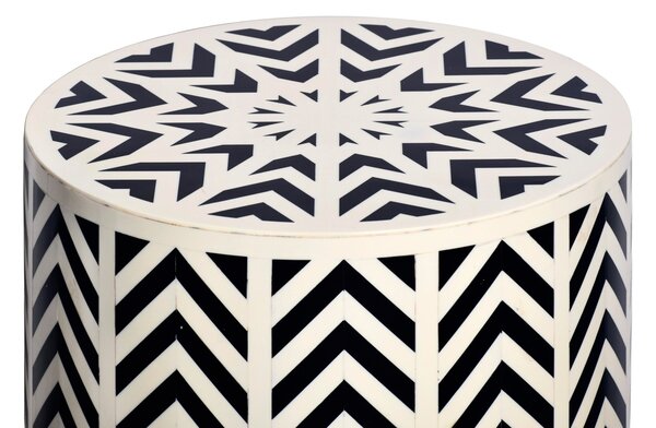 Estila Dizajnový okrúhly bielo čierny príručný stolík Bone Inlay s geometrickým vzorovaním s intarziou z kosti 46 cm