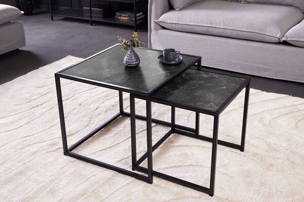 Estila Industriálny antracitový čierny set štvorcových konferenčných stolíkov Industria Marble s mramorovým dizajnom 45 cm
