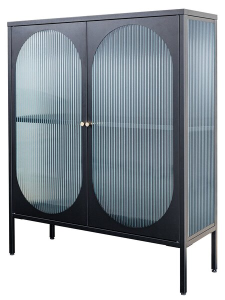 Estila Moderná čierna industriálna barová skrinka Industria Durante s dvojitými dvierkami s rebrovaným sklom 110 cm