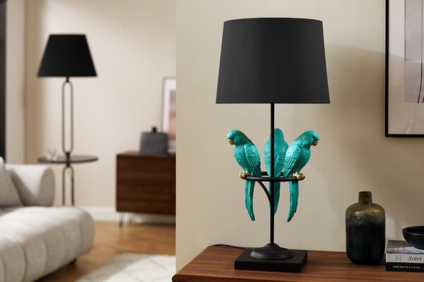 Estila Dizajnová stolná lampa Macaw v čiernej farbe s tromi tyrkysovými figúrami papagájov 75 cm