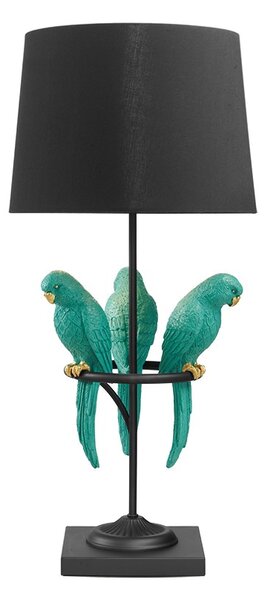 Estila Dizajnová stolná lampa Macaw v čiernej farbe s tromi tyrkysovými figúrami papagájov 75 cm