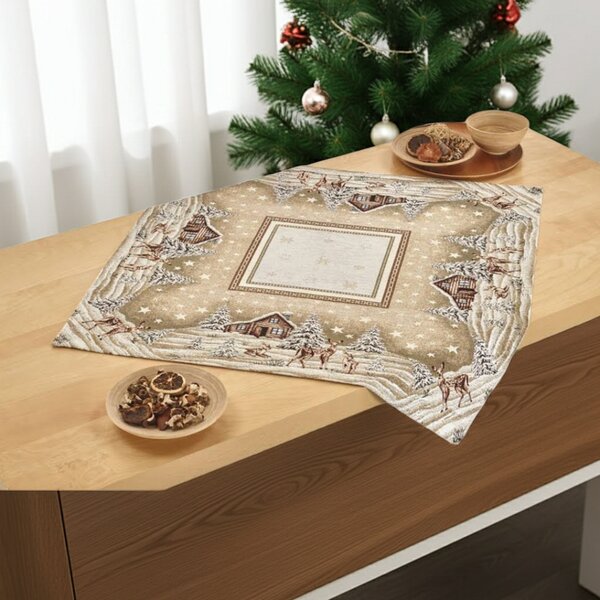 Vianočný gobelínový obrus na stôl Zasnežená krajinka v béžovom 90x90 cm Chenille IT030 Farba Béžová Rozmery 90x90 cm