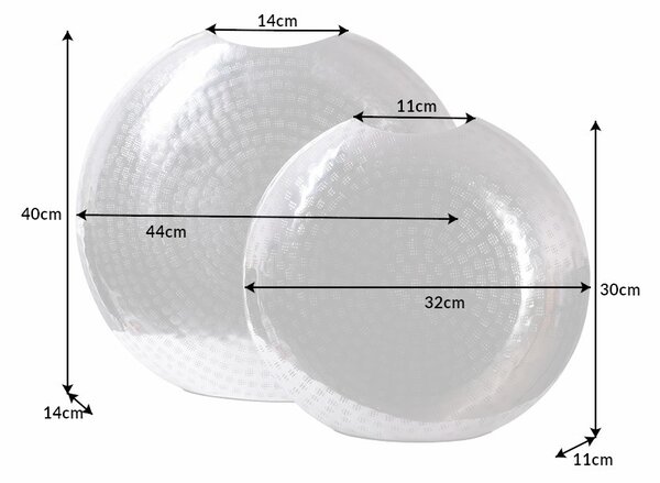 Estila Dizajnová orientálna sada plochých okrúhlych váza Konstantino s kovaným zdobením v striebornej farbe 44 cm