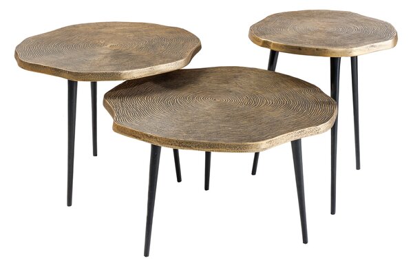 Estila Dizajnová art deco sada troch konferenčných stolíkov Fabiosa so vzorom letokruhov v zlatej a čiernej farbe 49 cm