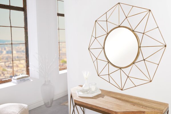 Estila Dizajnové okrúhle art deco zrkadlo Xoia s kovovým rámom s diamantovým dizajnom v matnej zlatej farbe 80 cm