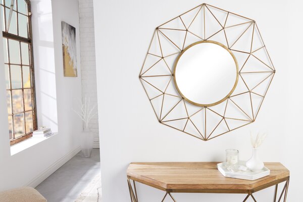 Estila Dizajnové okrúhle art deco zrkadlo Xoia s kovovým rámom s diamantovým dizajnom v matnej zlatej farbe 80 cm