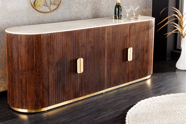 Estila Luxusný art deco oválny štvordverový príborník Gatsby z mangového dreva s mramorovou vrchnou doskou hnedá biela 180 cm