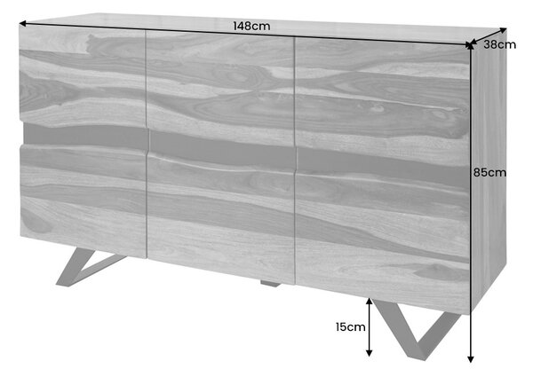 Estila Moderný masívny hnedý trojdverový príborník Amazonas so sheeshamového dreva s naturálnym okrajom stromu 148 cm