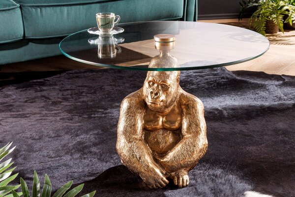 Estila Dizajnový glamour okrúhly konferenčný stolík Wilde s originálnou zlatou podstavou v tvare sediacej gorily 60 cm