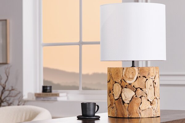 Estila Dizajnová masívna stolná lampa Egura s drevenou hnedou podstavou a okrúhlym bielym tienidlom 45 cm