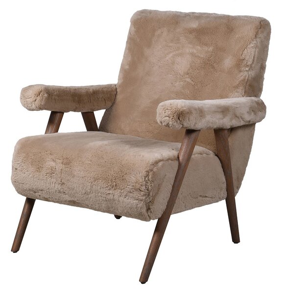 Estila Luxusné retro čalúnené kreslo Fluffy s kožušinovým poťahom v svetlej hnedej farbe s tmavým hnedým dubovým rámom 74 cm
