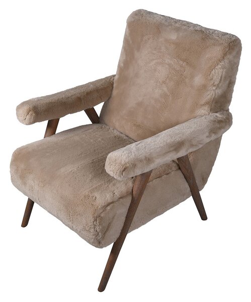 Estila Luxusné retro čalúnené kreslo Fluffy s kožušinovým poťahom v svetlej hnedej farbe s tmavým hnedým dubovým rámom 74 cm