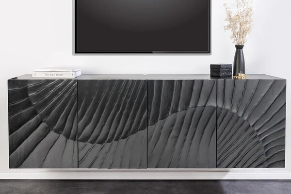 Estila Štýlový štvordvierkový čierny masívny art deco tv stolík Cumbria s 3D vzorom a dvomi poličkami 180 cm