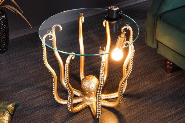 Estila Štýlový art deco okrúhly príručný stolík Tierra Glam s podstavou s morským motívom v podobe zlatej chobotnice 50 cm