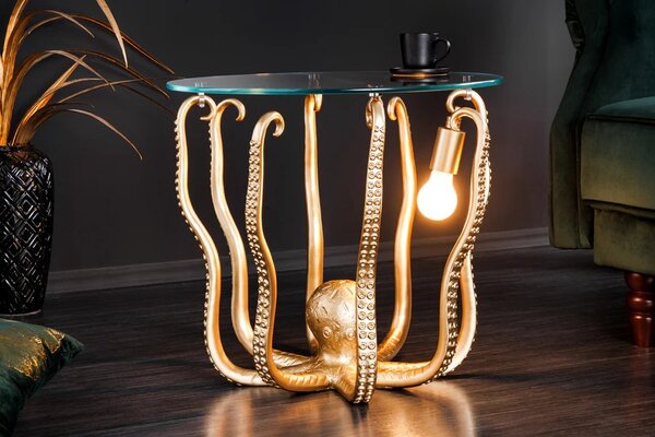 Estila Štýlový art deco okrúhly príručný stolík Tierra Glam s podstavou s morským motívom v podobe zlatej chobotnice 50 cm