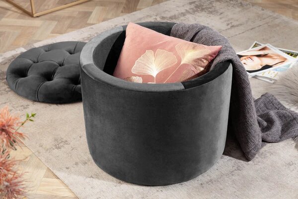Estila Dizajnová tmavá sivá taburetka Modern Barock okrúhleho tvaru v glamour štýle so zamatovým poťahom s úložným priestorom 50cm