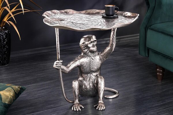 Estila Štýlový art deco strieborný príručný stolík Monkey z kovu so zvieracími motívmi v podobe listu a opice 55 cm