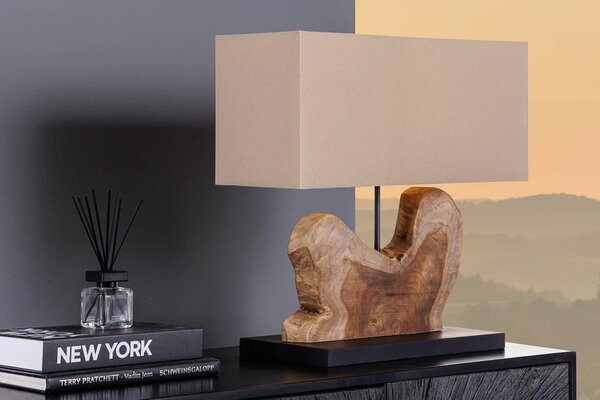 Estila Dizajnová masívna stolná lampa Hypnotic s podstavou z naturálneho hnedého teakového dreva a kovu s béžovým tienidlom 50 cm
