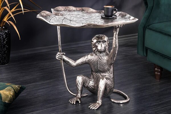 Estila Štýlový art deco strieborný príručný stolík Monkey z kovu so zvieracími motívmi v podobe listu a opice 55 cm