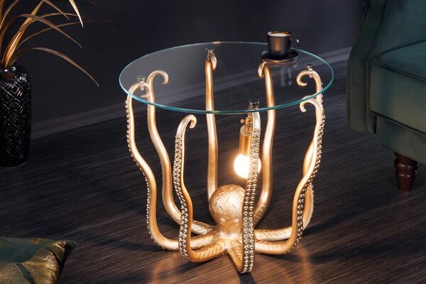 Estila Štýlový art deco okrúhly príručný stolík Tierra Glam s podstavou s morským motívom v podobe zlatej chobotnice 50 cm