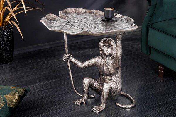 Estila Štýlový art deco strieborný príručný stolík Monkey z kovu so zvieracími motívmi v podobe listu a opice 55 cm