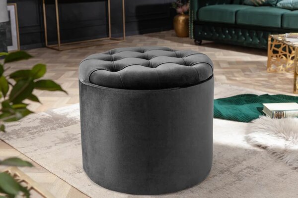 Estila Dizajnová tmavá sivá taburetka Modern Barock okrúhleho tvaru v glamour štýle so zamatovým poťahom s úložným priestorom 50cm