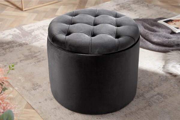 Estila Dizajnová tmavá sivá taburetka Modern Barock okrúhleho tvaru v glamour štýle so zamatovým poťahom s úložným priestorom 50cm