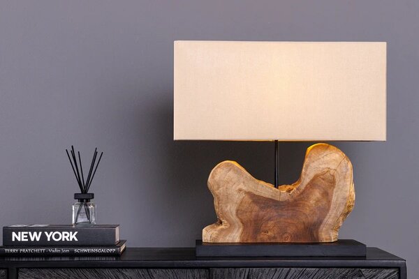 Estila Dizajnová masívna stolná lampa Hypnotic s podstavou z naturálneho hnedého teakového dreva a kovu s béžovým tienidlom 50 cm