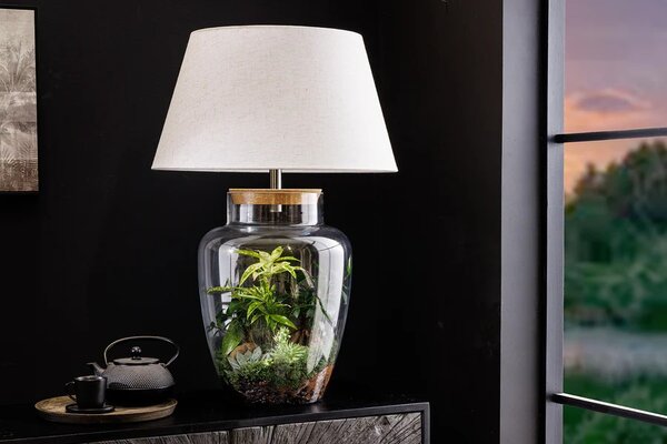 Estila Štýlová sklenená stolná lampa Clasico s nohou v podobe nádoby s valcovým bielym tienidlom 80 cm