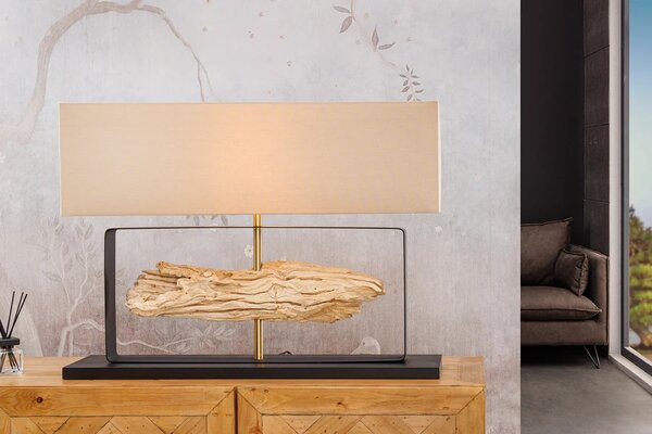 Estila Dizajnová moderná stolná lampa Rousilique s béžovým tienidlom a čiernou kovovou podstavou s prvkom z naplaveného dreva 62 cm